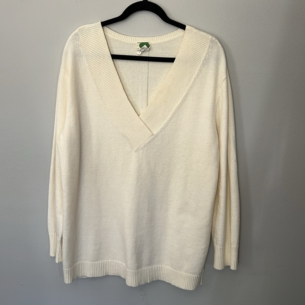 Anthropologie V Neck Oversized Tunic Style Long Sleeve Cream Sweater Size Large